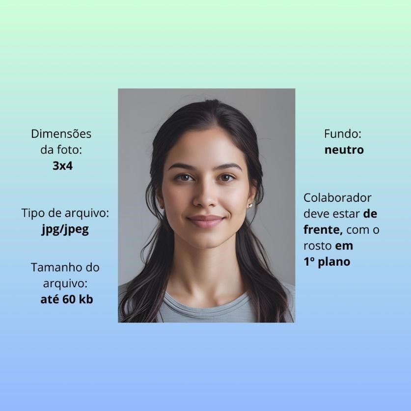 Orientações para foto 3x4: fundo neutro, rosto de frente e arquivo JPG/JPEG até 60 Kb